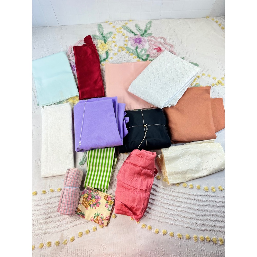 Vintage Fabric Remnant Lot Assorted Colors Patterns Textures Crafting Quilting